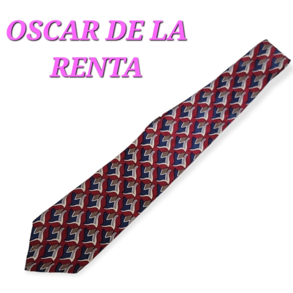 Oscar de la Renta 100% silk geometric print tie in Red & Blue